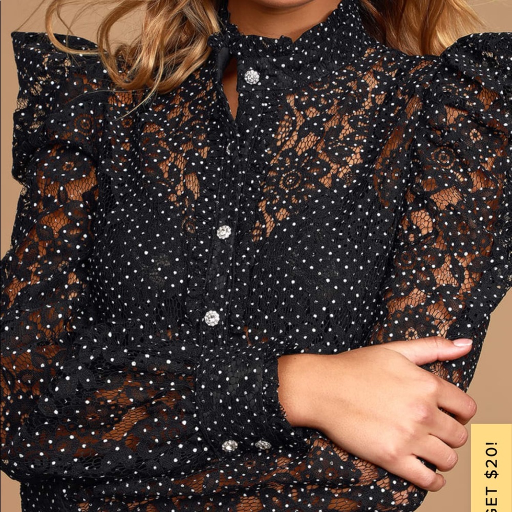 Black and White Lace Button-Up Polka Dot Top